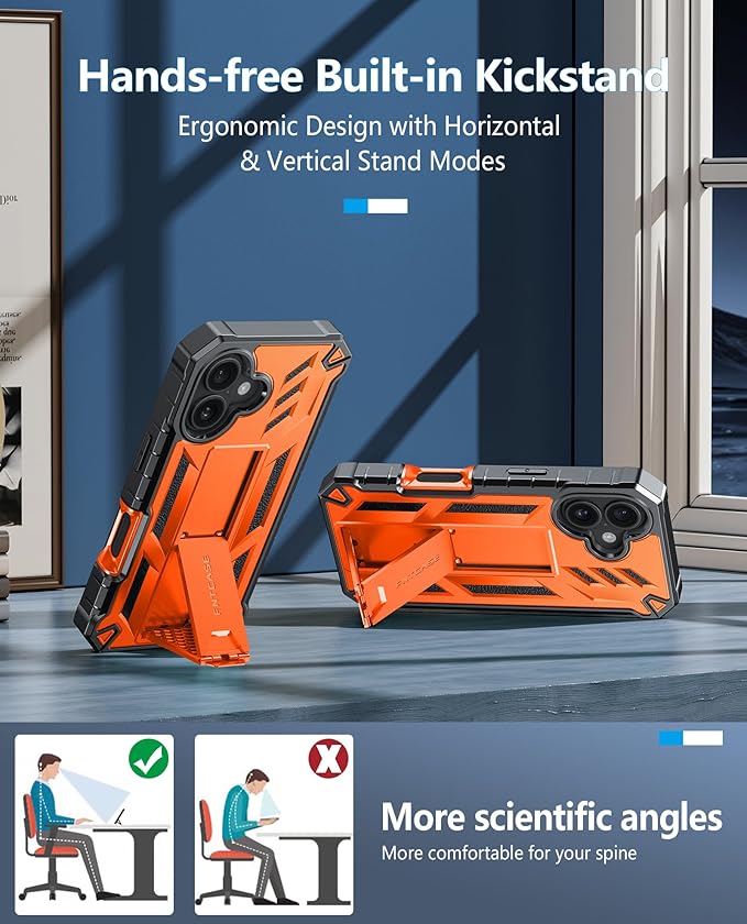 FNTCASE for iPhone 16 Phone Case: for iPhone 16 case with Kickstand Shockproof Military Grade Protective Cover - Dual Layer Full Protection Sturdy Matte Textured Drop Proof - 6.1 Inch Orange