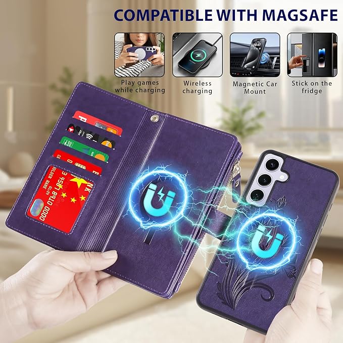 Lacass for Samsung Galaxy S24 Case Wallet,Compatible with MagSafe 2 in 1 Magnetic Detachable PU Leather RFID Blocking Wallet Cover Card Holder Zipper Wrist Strap Lanyard,Floral Purple