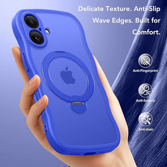 for iPhone 16 Case, [Compatible with Magsafe][360° Spin Magnetic Stand][Military-Grade Protection][Camera Control][Cute Wave Edge]Translucent Matte Women Phone Cover for iPhone 16,Ultramarine