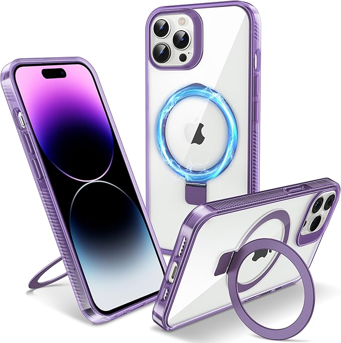 Magnetic Case for iPhone 14 Pro - [Built-in Invisible Stand] [Compatible with MagSafe] [Military Grade Drop Protection] Anti-Yellowing Hard Back Silicone Edge Cover, 6.1", Clear Purple