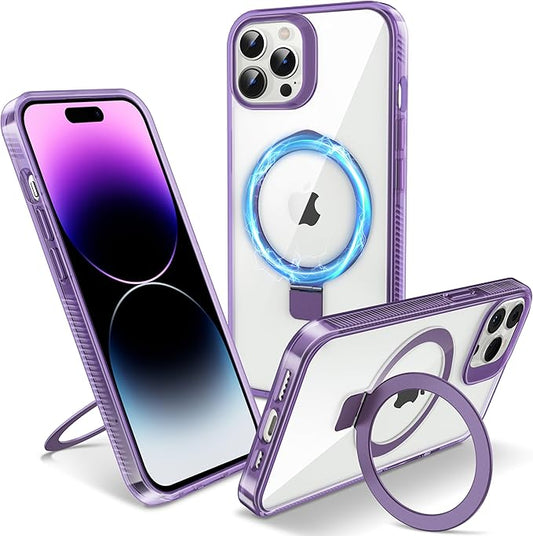 Magnetic Case for iPhone 14 Pro - [Built-in Invisible Stand] [Compatible with MagSafe] [Military Grade Drop Protection] Anti-Yellowing Hard Back Silicone Edge Cover, 6.1", Clear Purple
