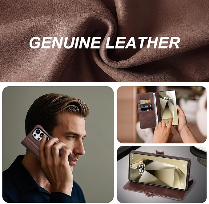 Case for Galaxy S25 Ultra 6.9"-Genuine Leather Folio Wallet Case with Kickstand RFID Blocking Card Holder Magnetic Protective Phone Cover Compatible with Galaxy S25 Ultra 2025 (Darkbrown)