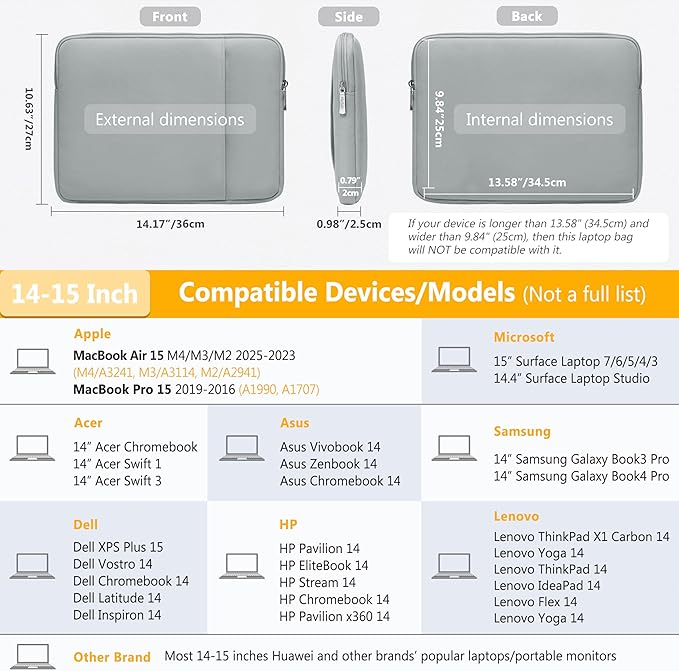 HYZUO 14-15 Inch Laptop Sleeve Bag Set for MacBook Air 15 M4/M3/M2, MacBook Pro 15, XPS 14/15 Plus, 15" Surface Laptop, Notebook Case for 14" HP Lenovo ThinkPad Asus Acer Huawei, Rock Gray