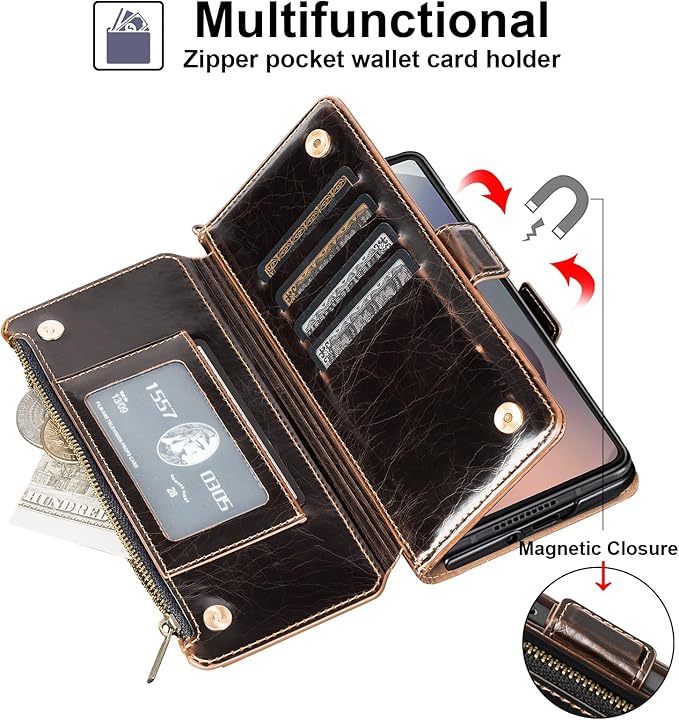 Antsturdy Compatible with Samsung Galaxy Z Fold7 Case Wallet with Card Holder,Z Fold 7 5G Phone Case with Strap Shockproof PU Leather RFID Blocking Flip Cover Credit Card Slots Women Men,Coffee