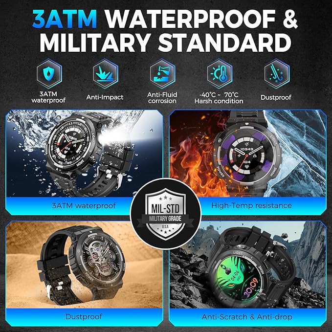 Military Smart Watch for Men(Answer/Make Call), Rugged Smartwatch with LED Flashlight/3ATM Waterproof/400mAh Battery/100+ Sports Modes/Heart Rate/Sleep Monitor, Fitness Tracker for iOS Android