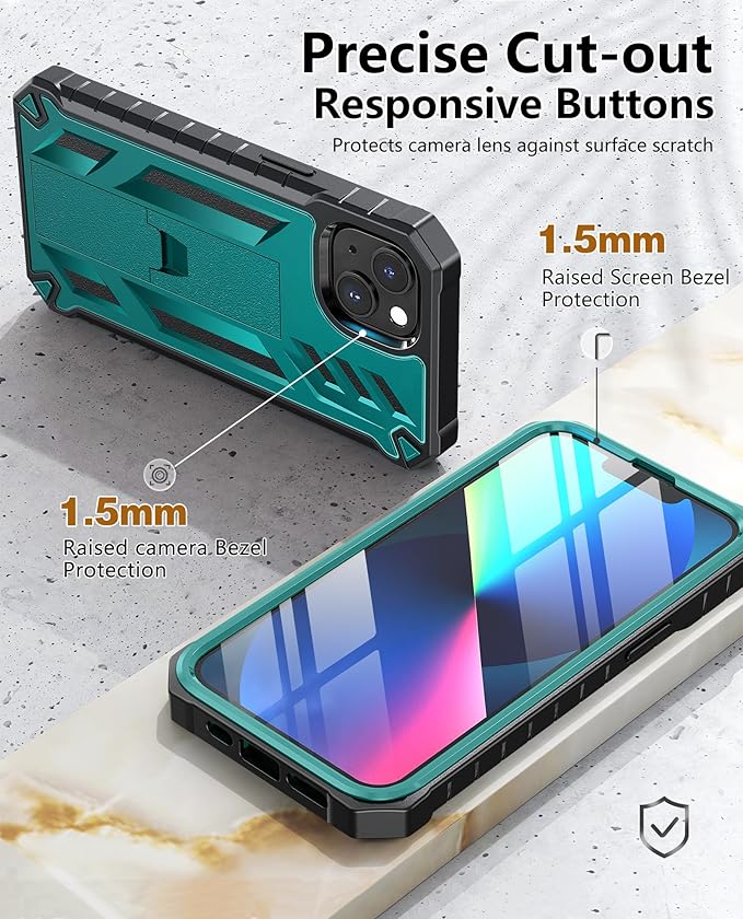 for iPhone 13/14 Protective Case: for iPhone 16e Cover Heavy Duty Military Grade Hard Protection Shock Proof Grip | Durable Dual-Layer Design with Built-in Kickstand Teal