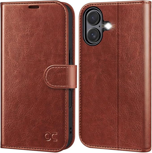 OCASE Compatible with iPhone 16 Wallet Case, PU Leather Flip Folio Case with Card Holders RFID Blocking Kickstand [Shockproof TPU Inner Shell] Phone Cover 6.1 Inch 2024, Dark Brown