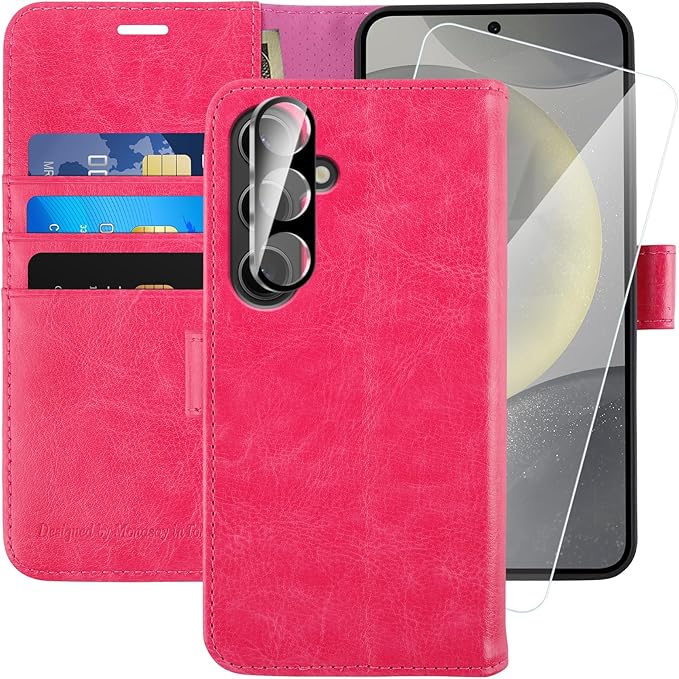 MONASAY Wallet Case Fit for Samsung Galaxy S24+ Plus 5G, [Lens & Glass Screen Protector Included] [RFID Blocking] Flip Folio Leather Cell Phone Cover with Credit Card Holder，6.7 inch, Hot-Pink