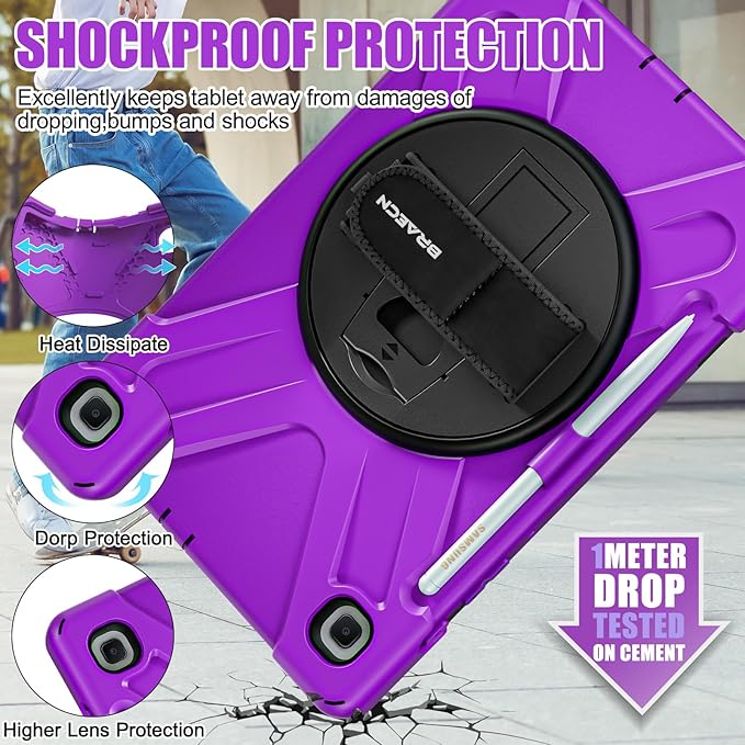 BRAECNstock for Samsung Galaxy Tab S6 Lite Case 10.4 inch 2024/2022/2020 (SM-P620/P610/P619) Shockproof Protective Kids Cover with Rotating Stand & Hand Strap Pen Holder Case for Tab S6 Lite - Purple