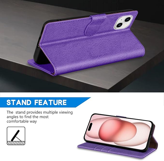 ZZXX for iPhone 15 Wallet Case with [RFID Blocking] Card Slot Kickstand Magnetic Closure Leather Flip Fold Protective Phone Case for iPhone 15 Case Wallet(Purple-6.1 inch)