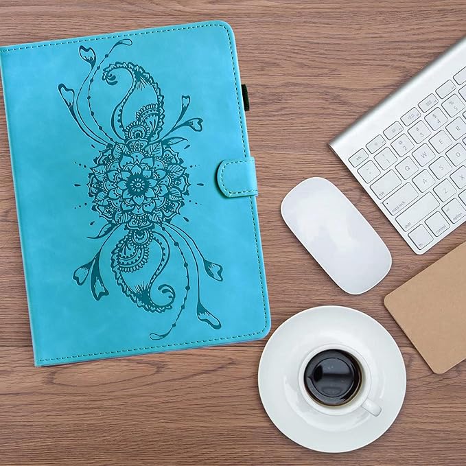 Mandala Flower Case Compatible with Galaxy Tab A9+ Plus 11 Inch 2024 2023 (SM-X210/X216/X218), Cute Elegant Embossed Suede Leather Folio Stand Case Protective Cover with Auto Wake/Sleep, SkyBlue