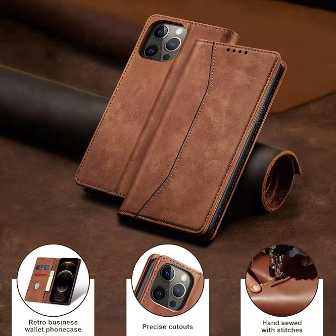Jasonyu Flip Wallet Case for iPhone 12 Pro Max,Leather Magnetic Folio Cover with Card Holder,Kickstand - TPU Shockproof Durable Protective Phone Case,Brown