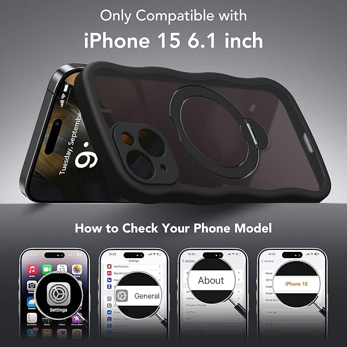 GolbinBox for iPhone 15 Case for Women,[Compatible with Magsafe][360° Spin Magnetic Stand][Cute Wave Edge][Military-Grade Protection] Translucent Matte Phone Case for iPhone 15, Black