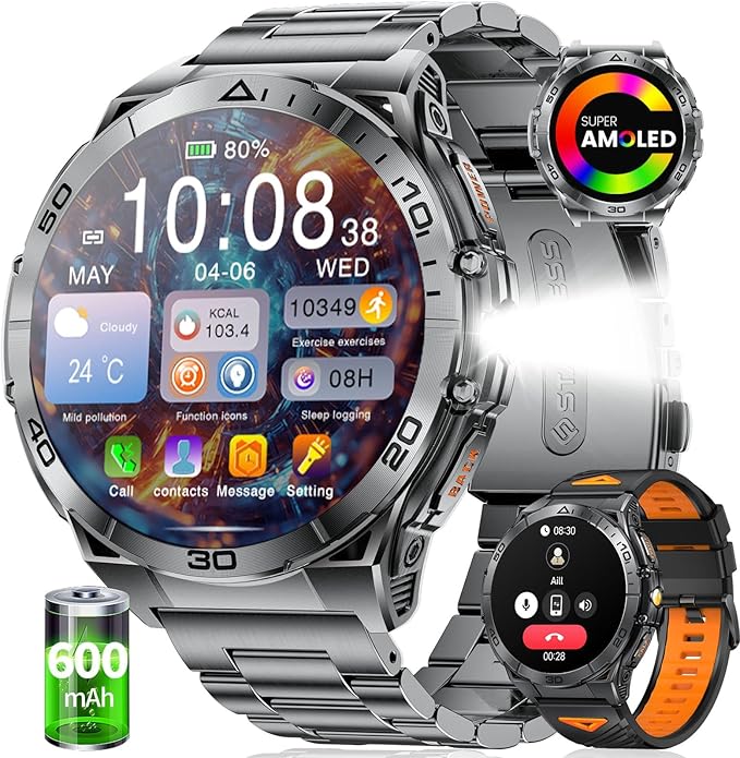 Military Smart Watch for Men,1.6" AMOLED Screen /600mAh Battery/5ATM Waterproof Smartwatches (Answer/Dial Calls) Fitness Tracker with Heart Rate/Sleep Tracking/Blood Oxygen for Android/iOS Black