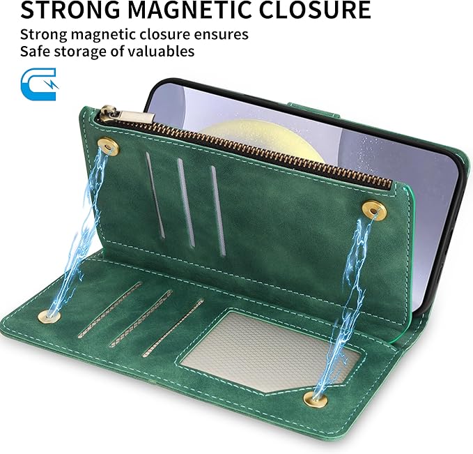 ZZXX for Samsung Galaxy S24 Plus Wallet Case with RFID Blocking Card Slot PU Leather Zipper Flip Folio with Strap Kickstand Protective Cover for Samsung Galaxy S24+ Case Wallet(Green-6.7 inch)