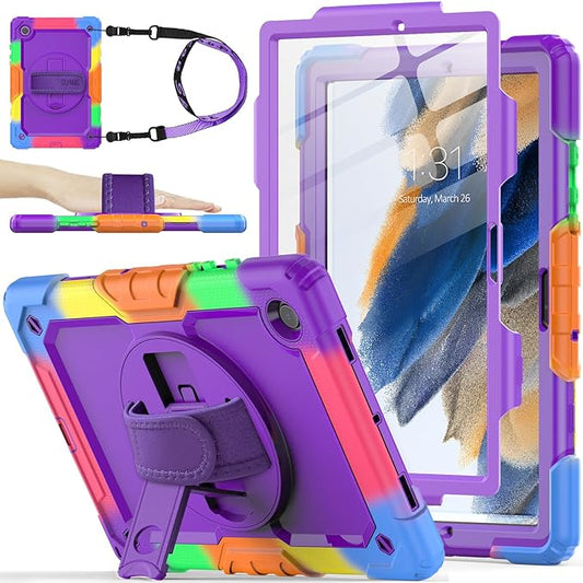 SEYMAC stock Case for Samsung Galaxy Tab A8 10.5'', Full-Body Drop Protection Case with Screen Protector Pencil Holder [360° Rotating Hand Strap] &Stand, Purple+Colorful