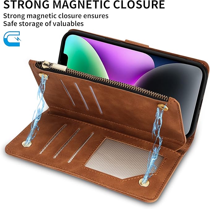 ZZXX for iPhone 14 Case Wallet with [RFID Blocking] Card Slot Premium Soft PU Leather Zipper Flip Folio with Wrist Strap Kickstand Protective Phone Cover for iPhone 14 Wallet Case(Brown-6.1 inch)