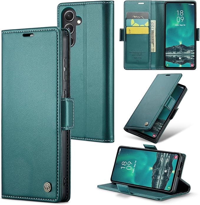 Case for Samsung Galaxy S23 FE Wallet Case, RFID Blocking PU Leather Flip Folio Cover Card Holder Kickstand Shockproof Phone Case Compatible with Samsung Galaxy S23 FE, Blue Green