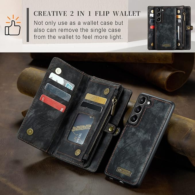 SZHAIYU 2 in 1 Detachable for Samsung Galaxy S23+ / S23 Plus Wallet Case with Card Holder, Retro Premium Flip Leather Cover Magnetic Zipper Pocket Phone Cases 6.6'' (Black,S23+/S23 Plus)