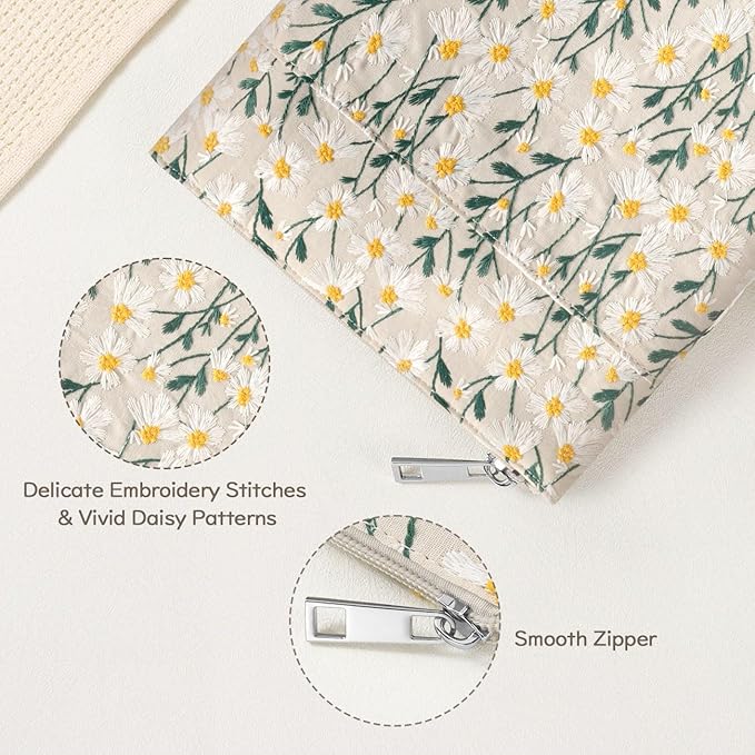 9-11 Inch Embroidered Daisy Padded Carrying Case Protective Tablet Sleeve for iPad A16 11th Gen 11"/10th Gen 10.9", iPad Air 11"/Pro 11"/Air 5th 4th 10.9", Galaxy Tab A9+ Plus 11", Beige