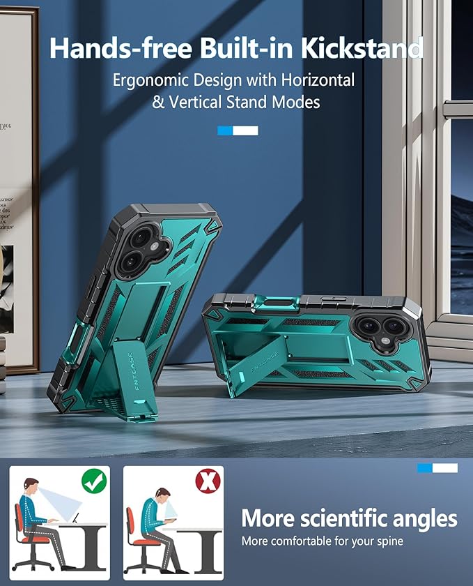 FNTCASE for iPhone 16 Phone Case: for iPhone 16 case with Kickstand Shockproof Military Grade Protective Cover - Dual Layer Full Protection Sturdy Matte Textured Drop Proof - 6.1 Inch Green