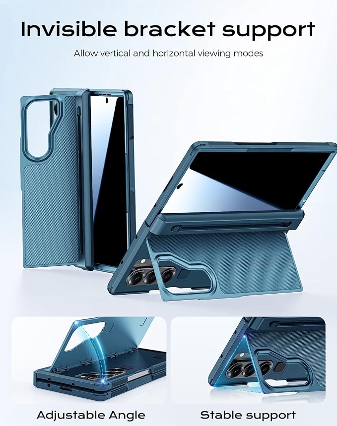 for Galaxy Z Fold 6 Case, S Pen Holder & Privacy Screen Protector & Kickstand & Hinge Protection, Slim Rugged Military-grade Shockproof Protective Phone Case for Samsung Fold 6 Case (Lake Blue)