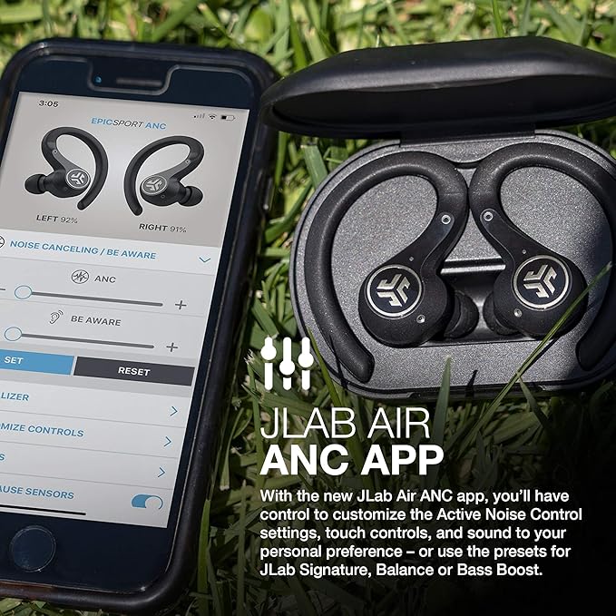 JLab Epic Air Sport ANC True Wireless Bluetooth 5 Earbuds, Headphones for Working Out, IP66 Sweatproof, 15-Hour Battery Life, 55-Hour Charging Case, Music Controls, 3 EQ Sound Settings
