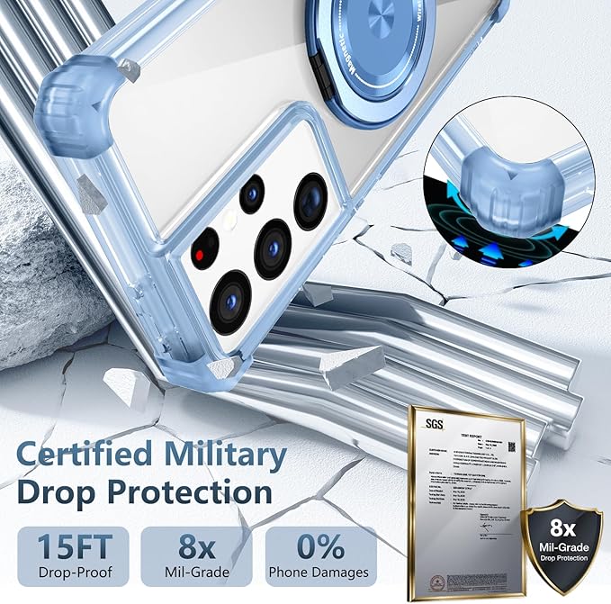 for Samsung Galaxy S21 Ultra Case Compatible Wireless Charging Magnetic,with Screen Protector,for S21Ultra Phone Case with 360°Stand Ring Military Grade Shockproof Heavy Duty Protection Blue