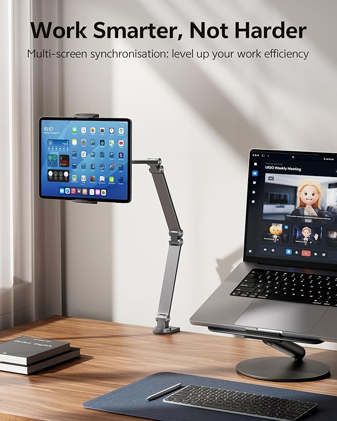 Tablet Stand iPad Phone Holder for Desk, Heavy Duty Aluminum 360° Rotating & Foldable Arm Mount Kindle Holder for Bed, Stand for iPad, Kindle, Portable Monitor, Samsung Galaxy Tab, Grey (Max 15.6")
