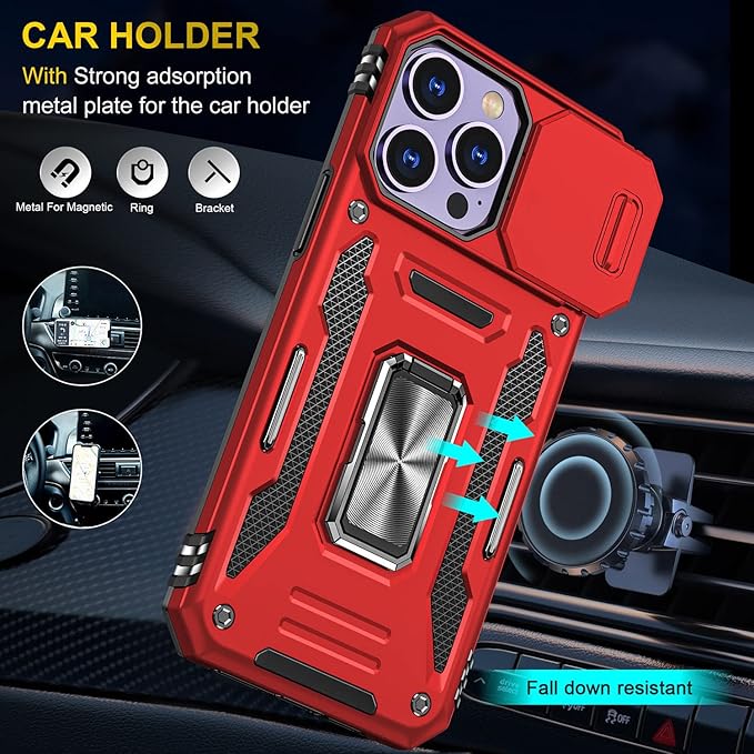 Case for iPhone 14 Pro Phone Case iPhone 14 Pro Case with Slide Camera Cover, with Finger Ring Holder Stand, fit Magnetic Car Mount, for iPhone 14 Pro (Red)