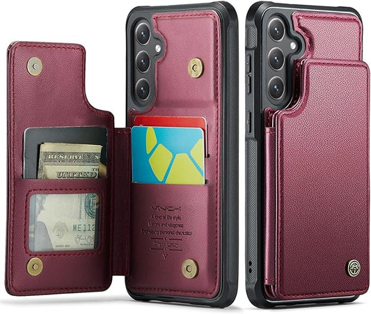 Vinich for Samsung Galaxy S24 Wallet Case with Card Holder, RFID Blocking Credit Slots Kickstand Shockproof Phone Cover for Women Men, Wine Red