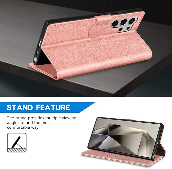 ZZXX for Samsung Galaxy S25 Ultra Wallet Case with [RFID Blocking] Card Slot Kickstand Magnetic Closure Leather Flip Fold Protective Phone Case for Galaxy S25 Ultra 5G Case Wallet(Rose Gold-6.8 inch)