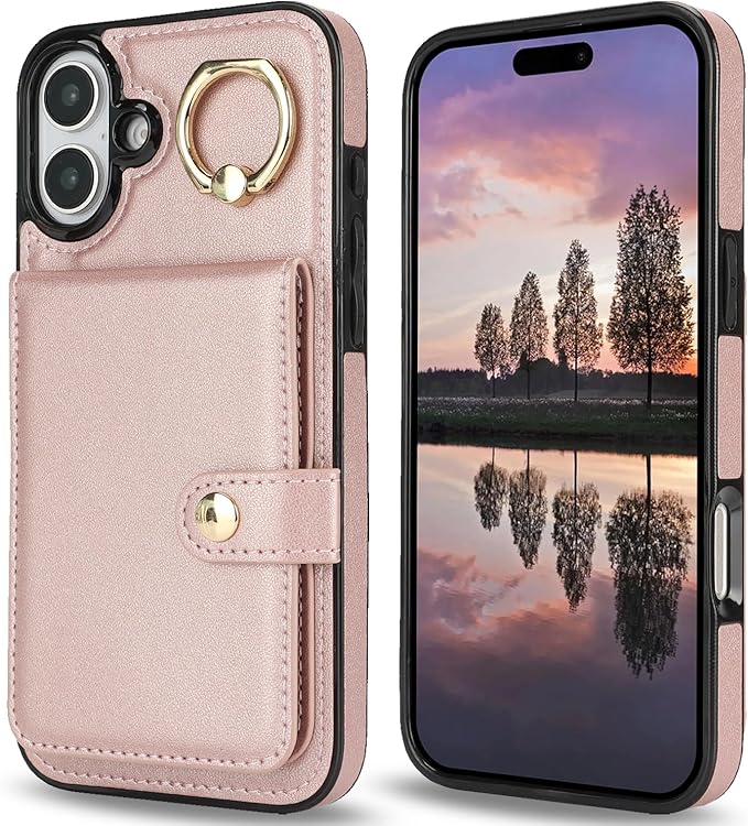 Compatible iPhone 16 Plus Wallet Case with Card Holder RFID Blocking PU Leather Doubles as a Wallet Unisex Flip Shockproof Protection with Card Slots Ring Wrist Kickstand Function,Rose Gold