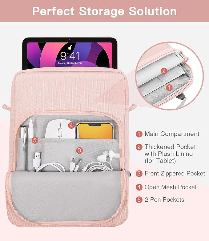 MoKo 9-11 Inch Tablet Sleeve Bag Handle Carrying Case with Shoulder Strap Fits New 11-inch iPad Pro M4/iPad Air M2, iPad 10th 10.9, iPad 9/8/7th 10.2, iPad Air 5/4th 10.9, Tab S8/S9 11, Pink