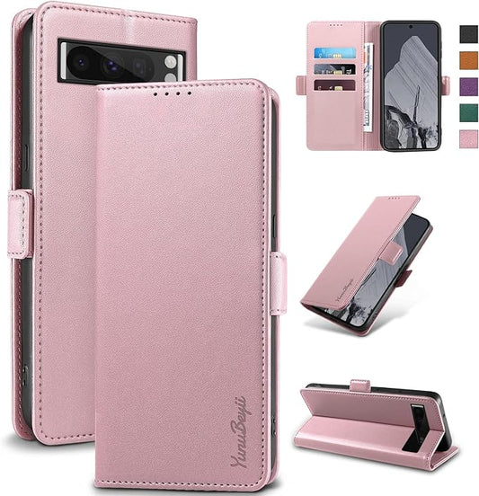 Wallet Flip Case for Google Pixel 8 Pro - [RFID Blocking] Luxury PU Leather Card Holder Magnetic Phone Cover with Kickstand,Shockproof Protective Case,Pink