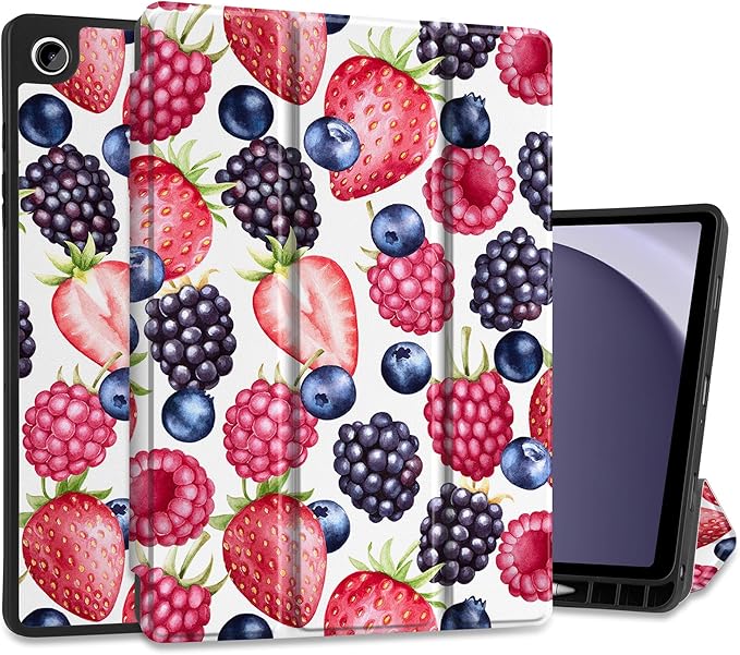MEEgoodo Case for Samsung Galaxy Tab A9 Plus 11 inch Cover 2024 2023 with S Pen Holder,A9+ Smart Tablet Cases with Leather Trifold Stand+Soft TPU Back Shell+Smart Auto Wake/Sleep,Fresh Berries Pattern