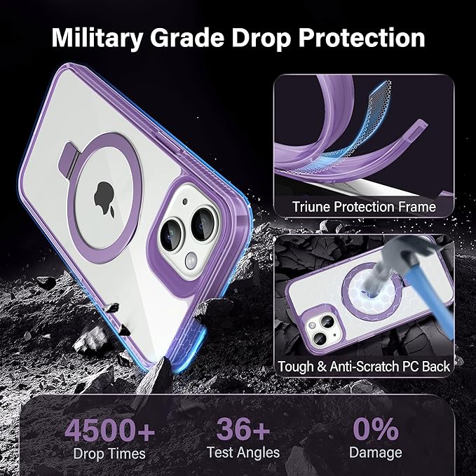 Magnetic Case for iPhone 14 Plus - [Built-in Invisible Stand] [Compatible with MagSafe] [Military Grade Drop Protection] Anti-Yellowing Hard Back Silicone Edge Cover, 6.7", Clear Purple