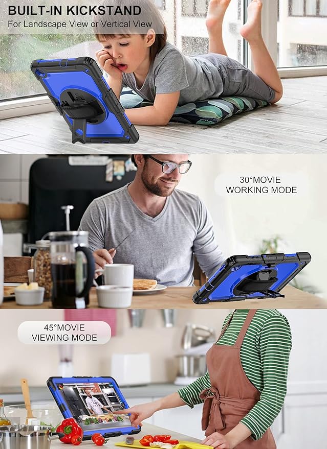 Case for Samsung Galaxy Tab S6 Lite Case 10.4" 2024/2022/2020 with Tempered Glass Screen Protector, Rotatable Kickstand/Hand & Shoulder Strap/S Pen Holder (Blue)