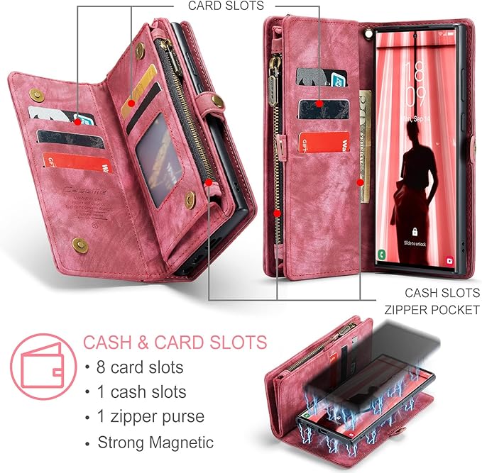 SZHAIYU 2 in 1 Detachable for Samsung Galaxy S23 Ultra Wallet Case with Card Holder, Retro Premium Flip Leather Cover Magnetic Zipper Pocket Phone Cases 6.8'' (Red,S23 Ultra)