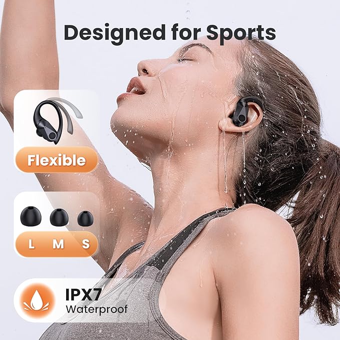 Active Noise Cancelling Ear Buds Bluetooth Headphones Wireless Earbuds with 90H Playtime LED Display Wireless Charging Case, IPX7 Waterproof Over Ear Earhooks Earphones for Sport Running Gym