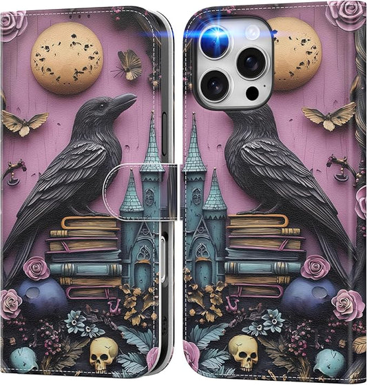 DEENAKIN for iPhone 16 Pro Wallet Case with Card Holder + Cash Clip, RFID-Blocking, Military-Grade Drop Protection, Magnetic Closure with Leather Kickstand - Gothic Skull & Raven
