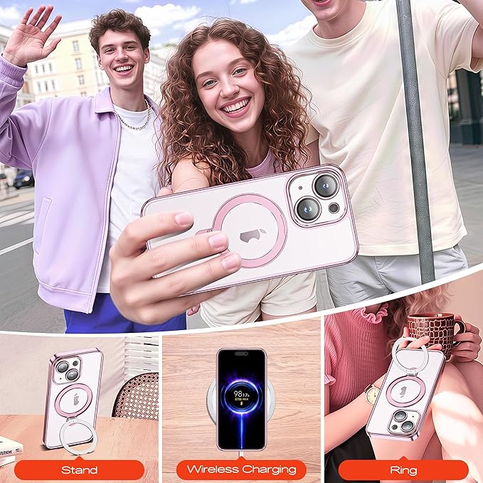 Compatible with Clear iPhone 15 Pro Max Case with Magnetic Stand [Compatible with Mag-Safe][Full Camera Len Protectors] Shockproof Plating Phone Case for iPhone 15 Pro Max 6.7’’,Rose Gold