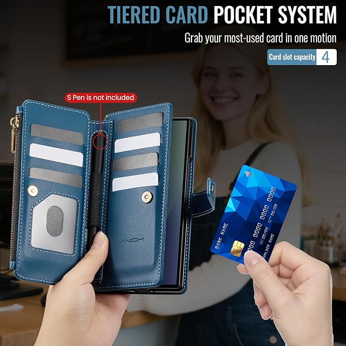 Vinich for Samsung Galaxy Z Fold 7 Wallet Case with Card Holder, Detachable Strap RFID Blocking Credit Slots Kickstand Shockproof Phone Cover for Women Men, Blue