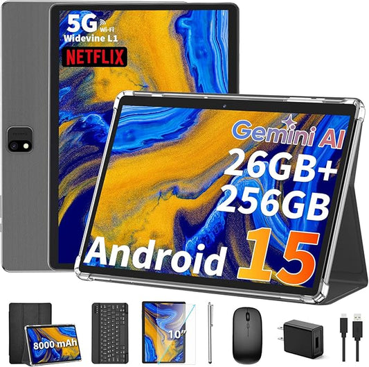 2025 Android 15 Tablet with Keyboard, 26GB(6+20)RAM+256 Storage(Expand to 2TB), 8000mAh Battery, Widevine L1, 10 Inch 2-in-1 Tablets with 5G/2.4G WiFi, BT5.0, GMS Certified, Mouse, Case, Stylus(Black)