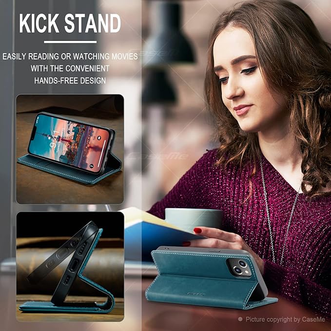 for iPhone 14 Plus Case, Flip Wallet Leather Case with Card Holder Magnetic Closure Shockproof Kickstand Protective Phone Cases Cover for iPhone 14 Plus, Blue-Green