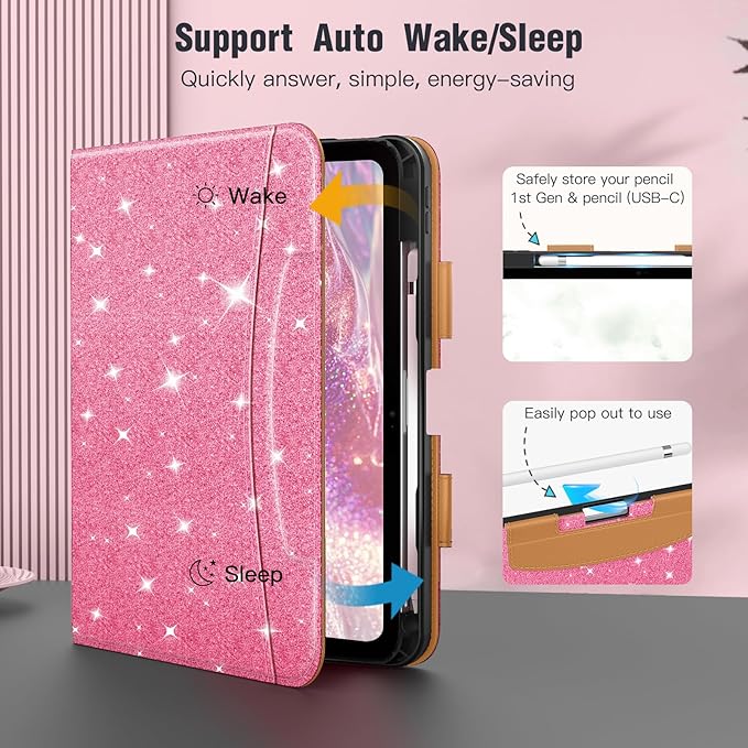 MoKo for iPad (A16) 11th Generation Case 11 inch 2025, iPad 10th Generation Case 10.9" 2022 with Pencil Holder & Pocket, Premium Leather Folio Stand Cover, Multiple Viewing Angles, Shiny Pink