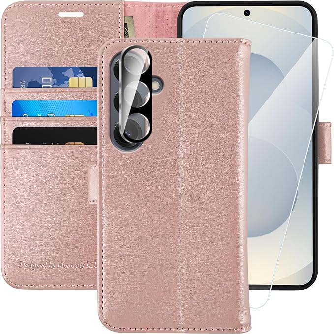 MONASAY Wallet Case Fit for Samsung Galaxy S25 5G, [Lens & Glass Screen Protector Included] [RFID Blocking] Flip Folio Leather Cell Phone Cover with Credit Card Holder, 6.2 inch, Rosegold