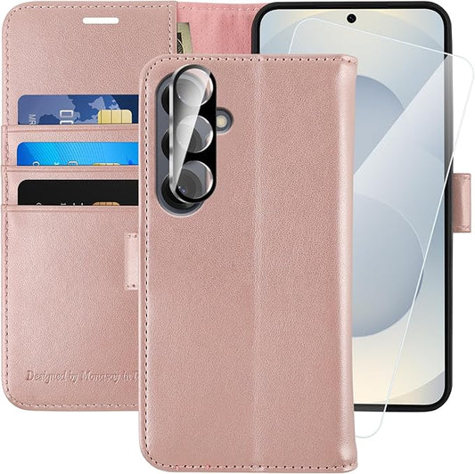 MONASAY Wallet Case Fit for Samsung Galaxy S25 5G, [Lens & Glass Screen Protector Included] [RFID Blocking] Flip Folio Leather Cell Phone Cover with Credit Card Holder, 6.2 inch, Rosegold