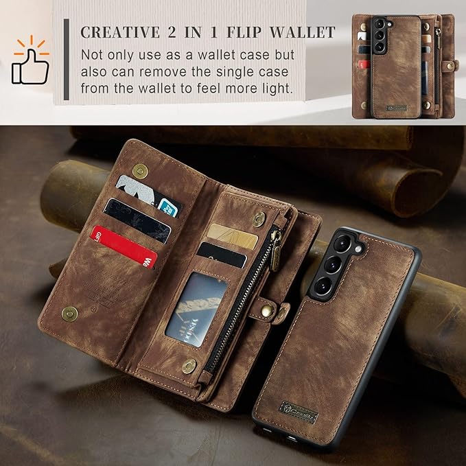 SZHAIYU 2 in 1 Detachable for Samsung Galaxy S23 Wallet Case with Card Holder, Retro Premium Flip Leather Cover Magnetic Zipper Pocket Phone Cases 6.1'' (Coffee,S23)