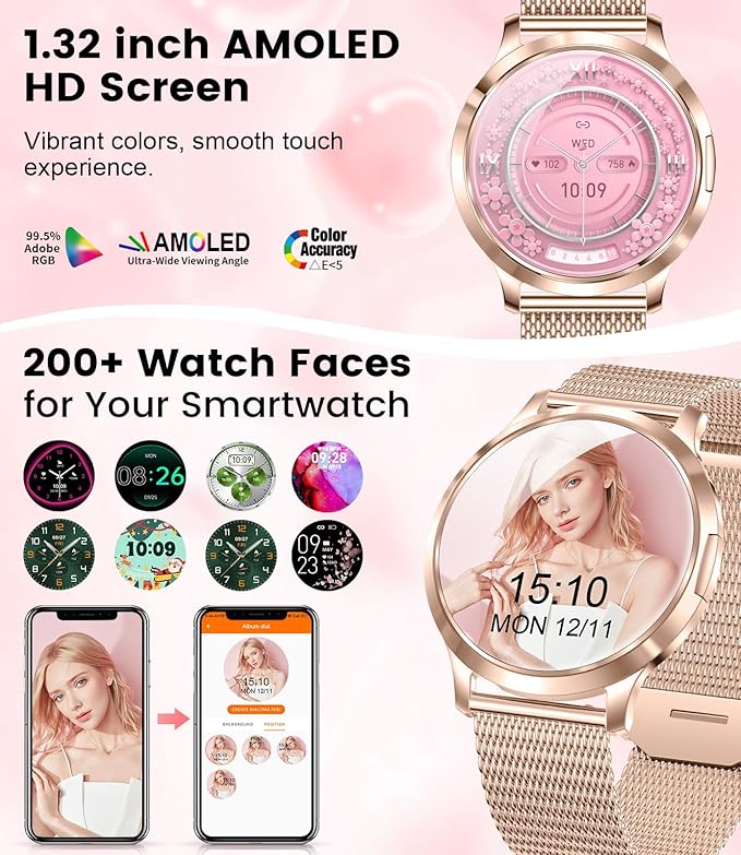 SUNKTA Smart Watch for Women(Dial/Answer Call), 1.32" AMOLED HD Display, 100+ Sports Mode Fitness Tracker Watch, 5ATM Waterproof/IP68/Sleep Smartwatch Women, iOS Android Smart Watches for Women